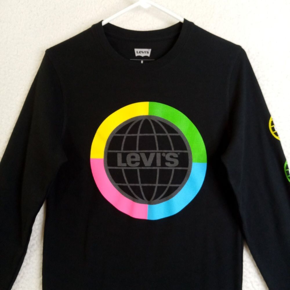 Rare Levi's Shirt Adult Medium Black Waffle Knit Long Sleeve Globes Pullover